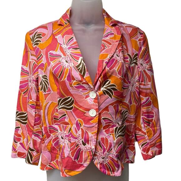 Vintage Lily Stanhope Pink Orange Floral Linen 2 Button Blazer Jacket Size 6 - Picture 1 of 4